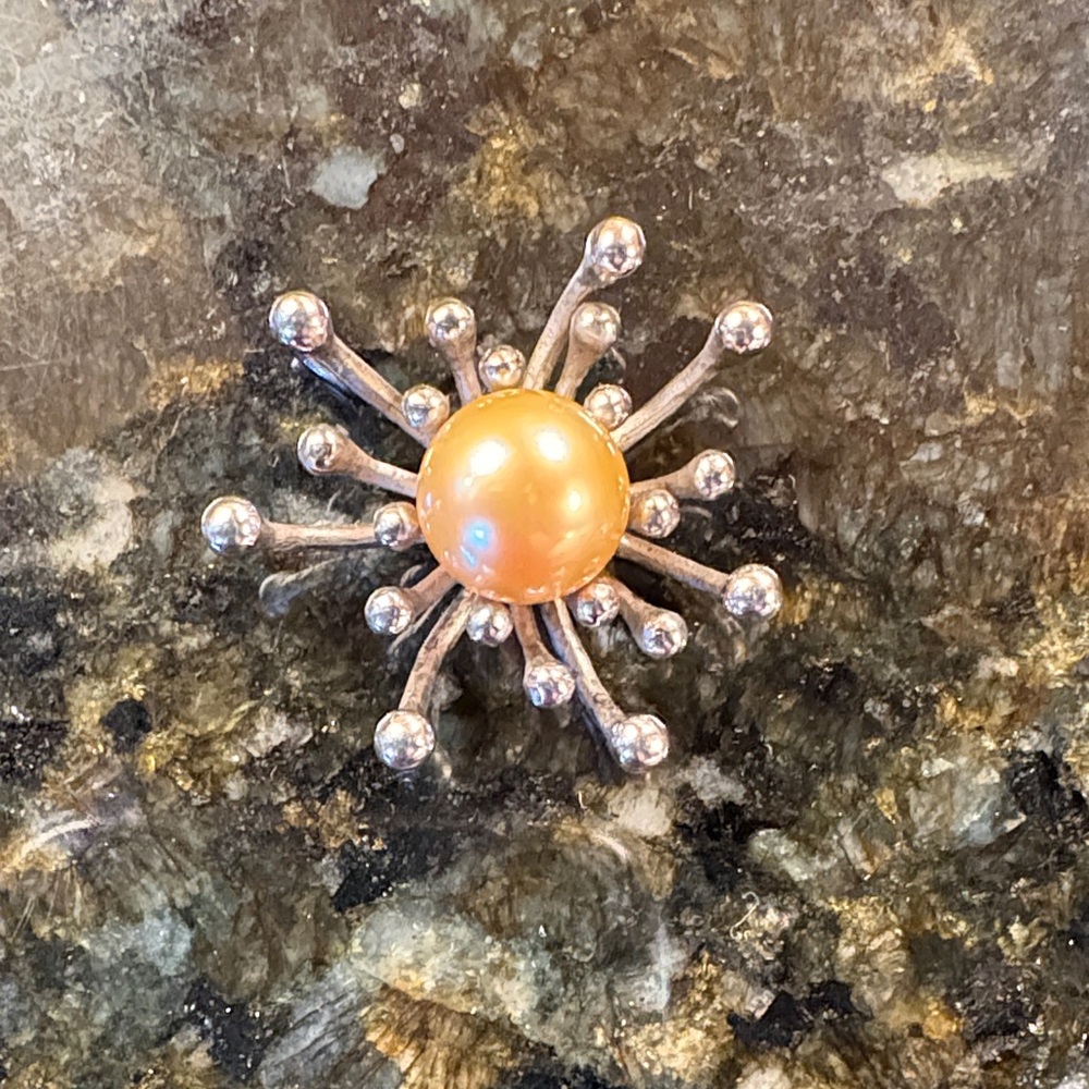 Silver Brooch with Orange Pearl Accent